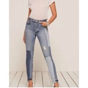 REFORMATION Patchwork Distressed Denim Torres Wash Skinny Jeans Patch 25 NWOT